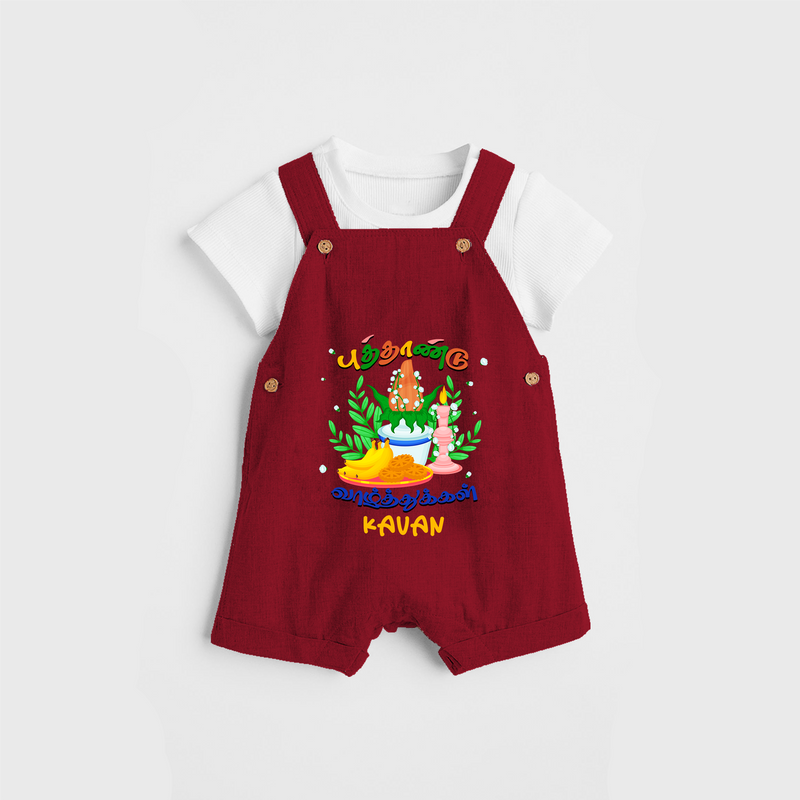 "Step into vibrant hues with our "Puthandu Vibes" Customised Kids Dungaree - RED - 0 - 3 Months Old (Chest 17")