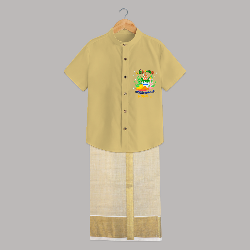 "Step into vibrant hues with our "Puthandu Vibes" Customised Shirt and Dhoti for Kids - YELLOW - 0 - 6 Months Old (Chest-23") (Dhoti length-14")