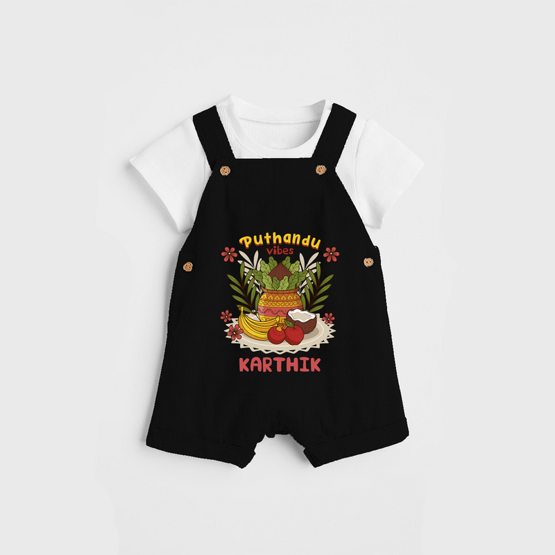 Embrace tradition with "Puthandu Valthukal" Customised Dungaree for Kids - BLACK - 0 - 3 Months Old (Chest 17")