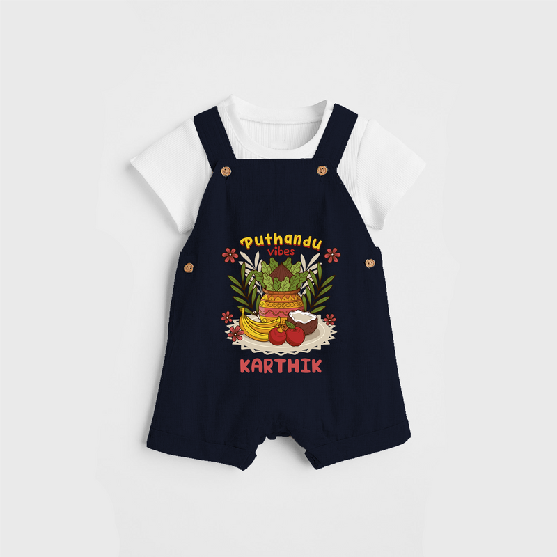 Embrace tradition with "Puthandu Valthukal" Customised Dungaree for Kids - NAVY BLUE - 0 - 3 Months Old (Chest 17")