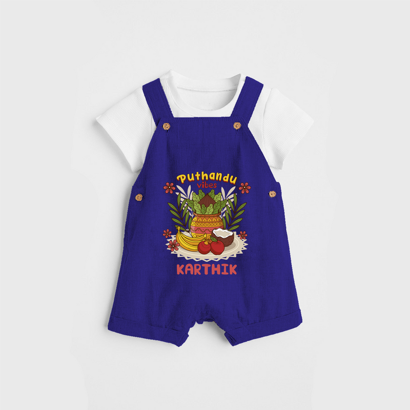 Embrace tradition with "Puthandu Valthukal" Customised Dungaree for Kids - ROYAL BLUE - 0 - 3 Months Old (Chest 17")