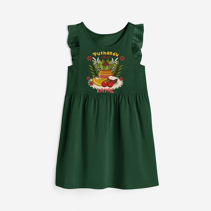 Embrace tradition with "Puthandu Valthukal" Customised Frock - BOTTLE GREEN - 0 - 6 Months Old (Chest 18")