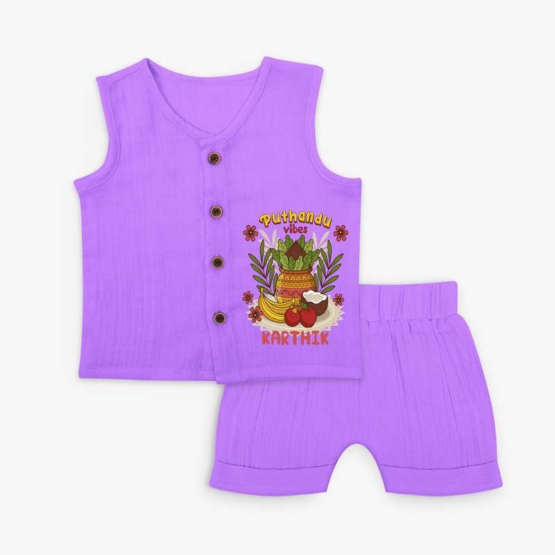 Embrace tradition with "Puthandu Valthukal" Customised Jabla Set For Kids - PURPLE - 0 - 3 Months Old (Chest 9.8")