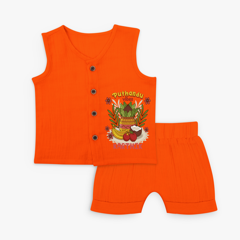 Embrace tradition with "Puthandu Valthukal" Customised Jabla Set For Kids - TANGERINE - 0 - 3 Months Old (Chest 9.8")