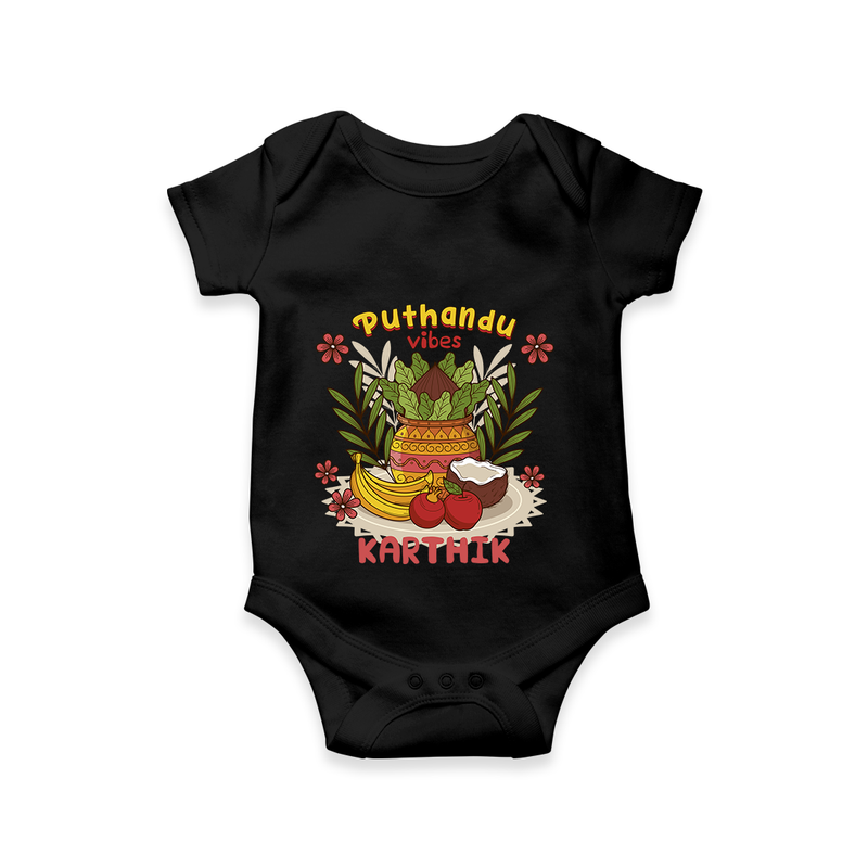 Embrace tradition with "Puthandu Valthukal" Customised Romper - BLACK - 0 - 3 Months Old (Chest 16")