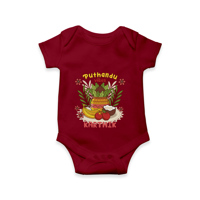 Embrace tradition with "Puthandu Valthukal" Customised Romper - MAROON - 0 - 3 Months Old (Chest 16")