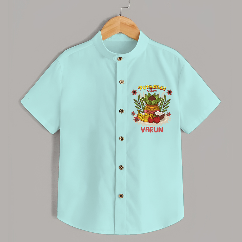 Embrace tradition with "Puthandu Valthukal"  Customised Shirt for Kids - AQUA GREEN - 0 - 6 Months Old (Chest 21")