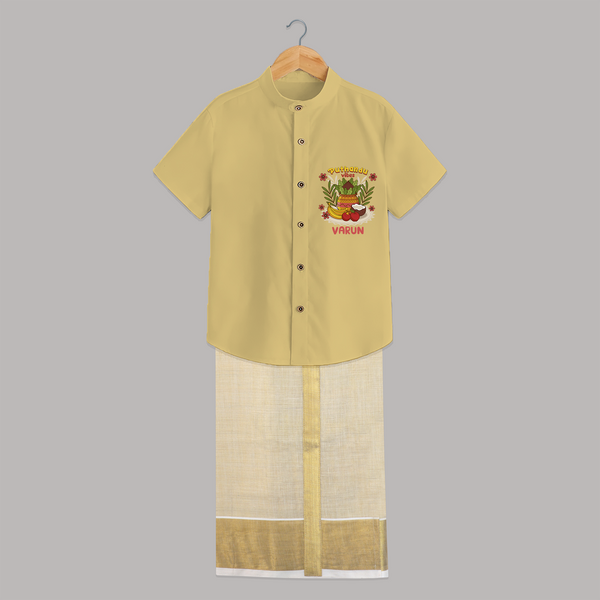 Embrace tradition with "Puthandu Valthukal"  Customised Shirt and Dhoti for Kids - YELLOW - 0 - 6 Months Old (Chest-23") (Dhoti length-14")