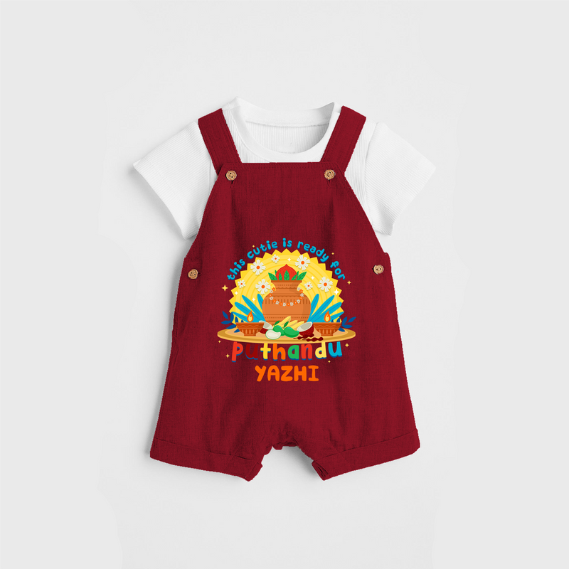 Make a statement with "This Cutie is Ready For Puthandu" vibrant colors Customised Kids Dungaree - RED - 0 - 3 Months Old (Chest 17")