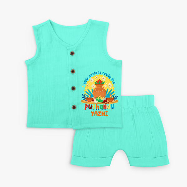 Make a statement with "This Cutie is Ready For Puthandu" vibrant colors Customised Kids Jabla set - AQUA GREEN - 0 - 3 Months Old (Chest 9.8")