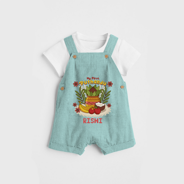 Stand out with eye-catching "My 1st Puthandu" designs of Customised Dungaree for Kids - AQUA GREEN - 0 - 3 Months Old (Chest 17")