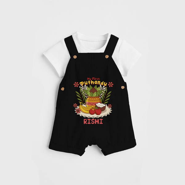 Stand out with eye-catching "My 1st Puthandu" designs of Customised Dungaree for Kids - BLACK - 0 - 3 Months Old (Chest 17")
