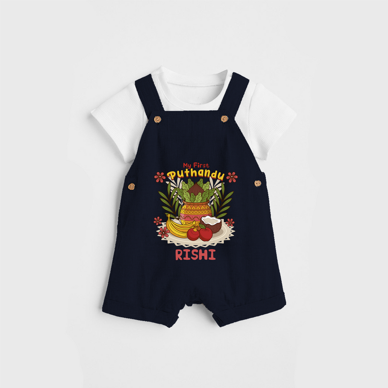 Stand out with eye-catching "My 1st Puthandu" designs of Customised Dungaree for Kids - NAVY BLUE - 0 - 3 Months Old (Chest 17")