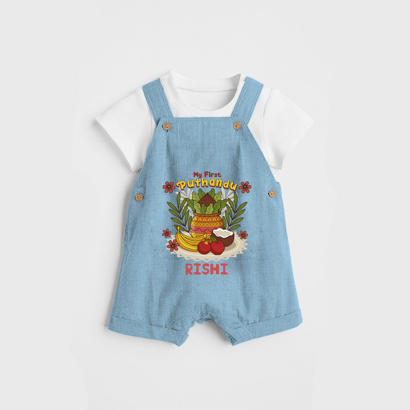 Stand out with eye-catching "My 1st Puthandu" designs of Customised Dungaree for Kids - SKY BLUE - 0 - 3 Months Old (Chest 17")