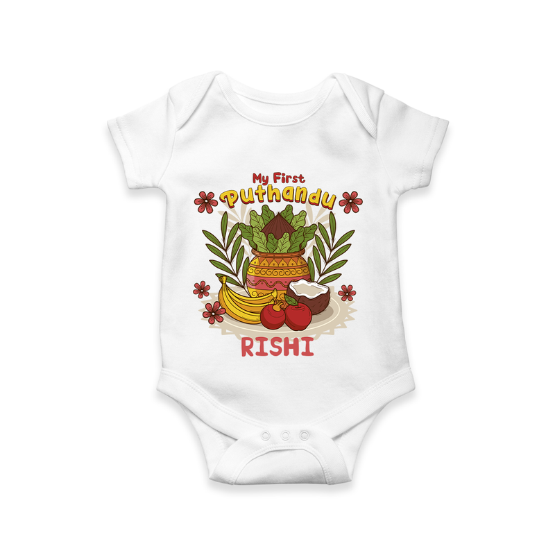 Stand out with eye-catching "My 1st Puthandu" designs of Customised Romper - WHITE - 0 - 3 Months Old (Chest 16")