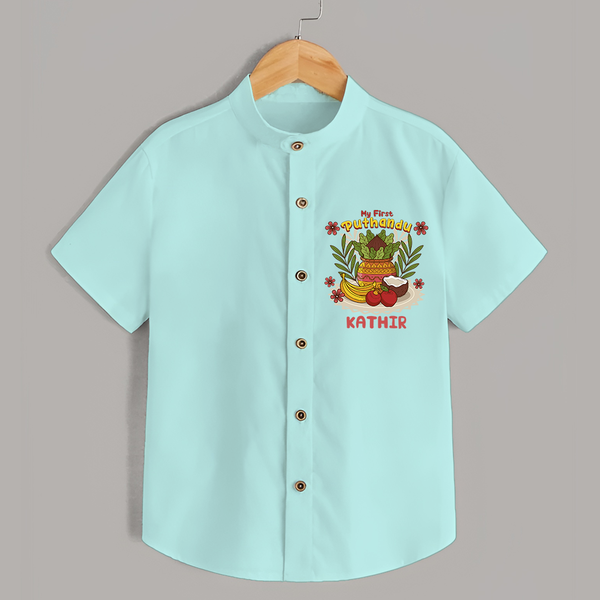 Stand out with eye-catching "My 1st Puthandu" designs of  Customised Shirt for Kids - AQUA GREEN - 0 - 6 Months Old (Chest 21")
