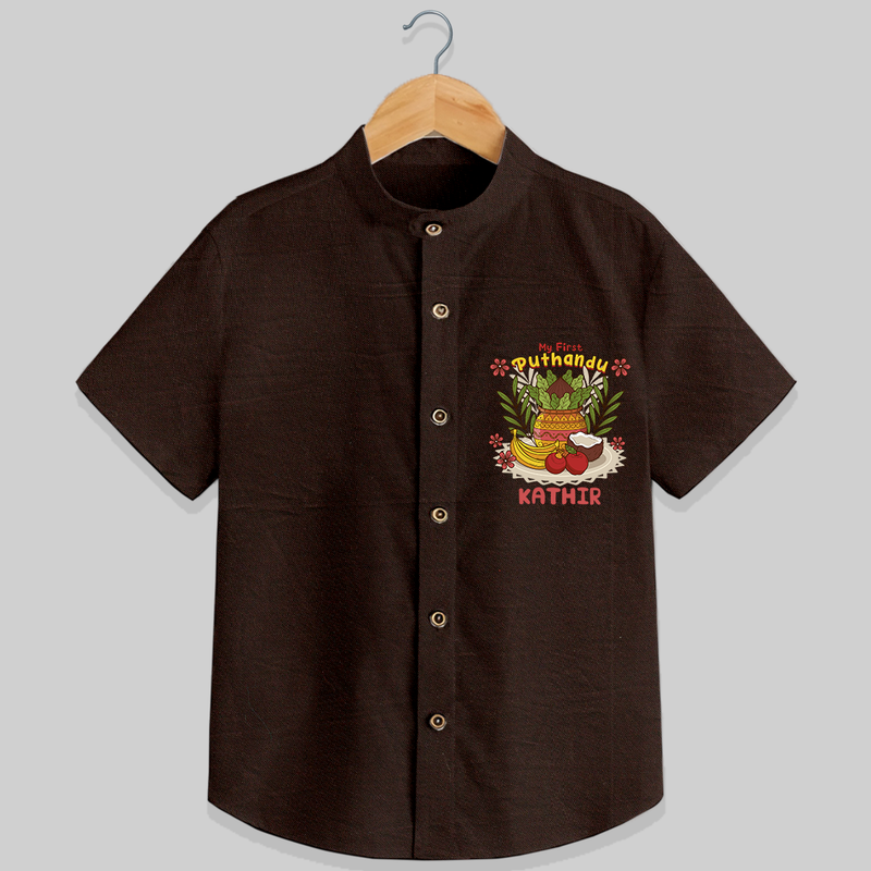Stand out with eye-catching "My 1st Puthandu" designs of  Customised Shirt for Kids - CHOCOLATE BROWN - 0 - 6 Months Old (Chest 21")