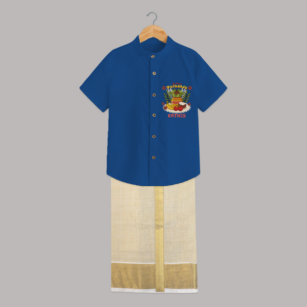 Stand out with eye-catching "My 1st Puthandu" designs of Customised Shirt and Dhoti for Kids - COBALT BLUE - 0 - 6 Months Old (Chest-23") (Dhoti length-14")