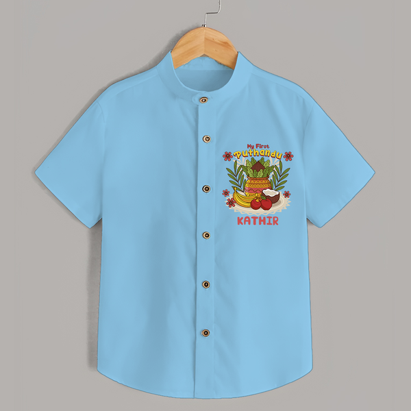 Stand out with eye-catching "My 1st Puthandu" designs of  Customised Shirt for Kids - SKY BLUE - 0 - 6 Months Old (Chest 21")
