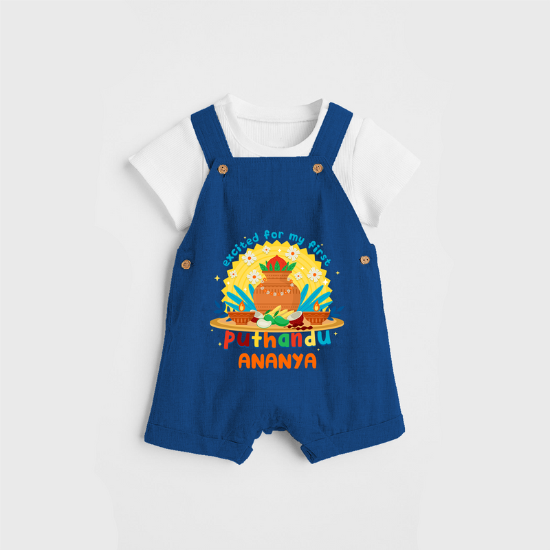 Elevate your wardrobe with "Exited For My 1st Puthandu" Customised Kids Dungaree - COBALT BLUE - 0 - 3 Months Old (Chest 17")