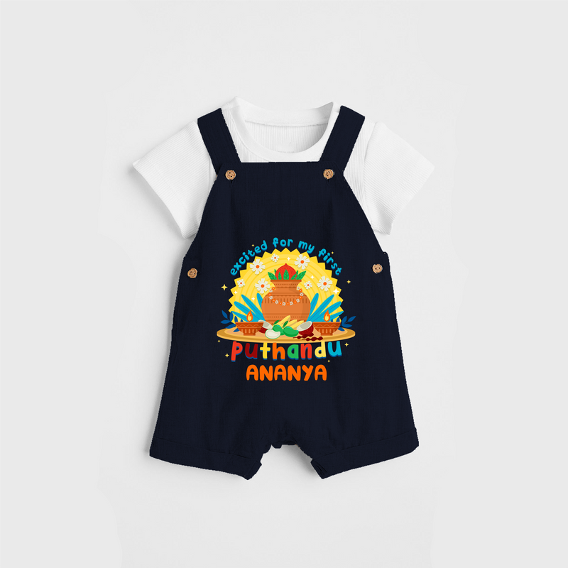 Elevate your wardrobe with "Exited For My 1st Puthandu" Customised Kids Dungaree - NAVY BLUE - 0 - 3 Months Old (Chest 17")