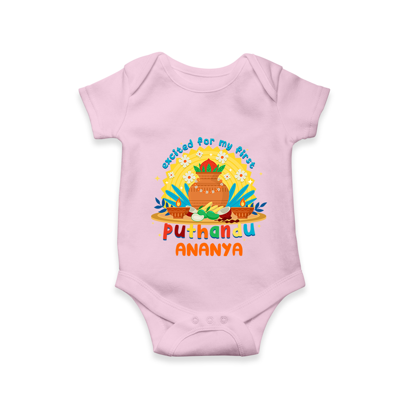 Elevate your wardrobe with "Exited For My 1st Puthandu" Customised Romper - BABY PINK - 0 - 3 Months Old (Chest 16")