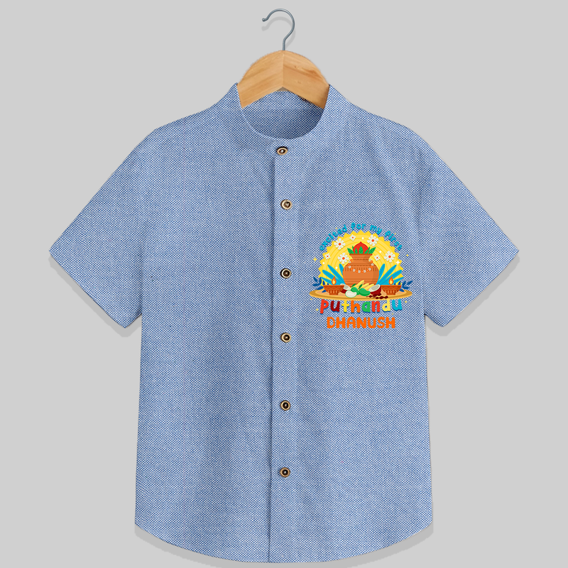 Elevate your wardrobe with "Exited For My 1st Puthandu"  Customised Shirt for Kids - BLUE CHAMBREY - 0 - 6 Months Old (Chest 21")