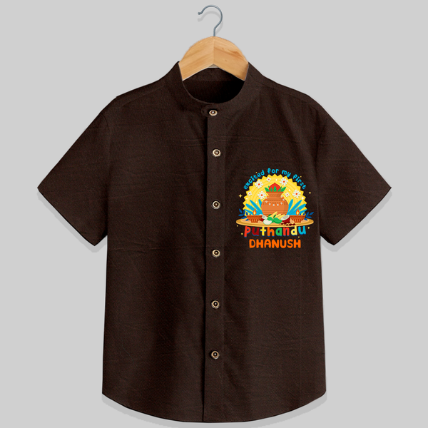 Elevate your wardrobe with "Exited For My 1st Puthandu"  Customised Shirt for Kids - CHOCOLATE BROWN - 0 - 6 Months Old (Chest 21")