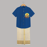 Elevate your wardrobe with "Exited For My 1st Puthandu" Customised Shirt and Dhoti for Kids - COBALT BLUE - 0 - 6 Months Old (Chest-23") (Dhoti length-14")