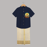 Elevate your wardrobe with "Exited For My 1st Puthandu" Customised Shirt and Dhoti for Kids - NAVY BLUE - 0 - 6 Months Old (Chest-23") (Dhoti length-14")