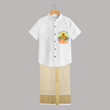 Elevate your wardrobe with "Exited For My 1st Puthandu" Customised Shirt and Dhoti for Kids - WHITE - 0 - 6 Months Old (Chest-23") (Dhoti length-14")