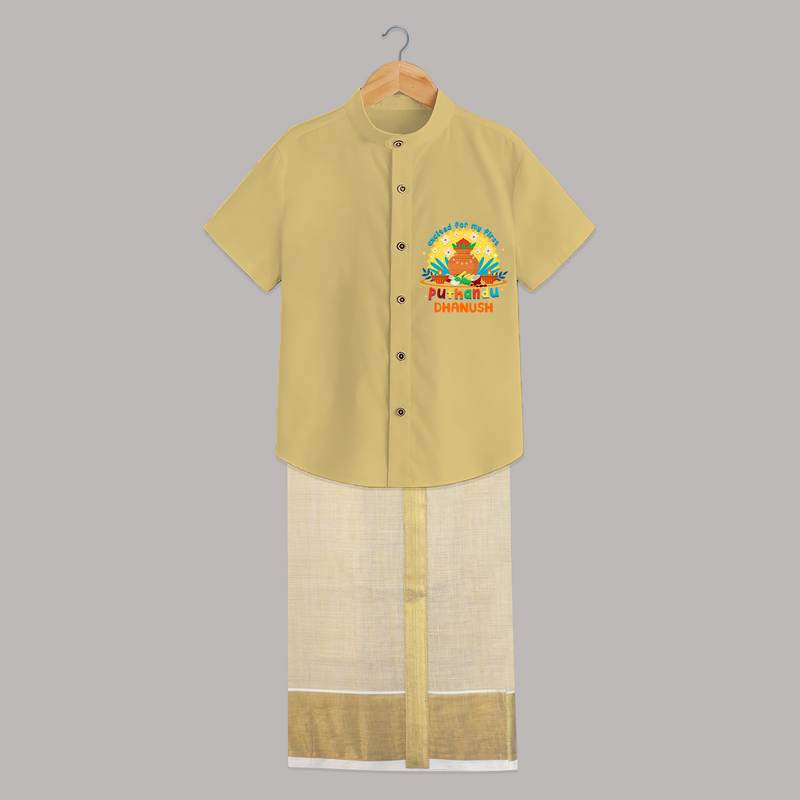 Elevate your wardrobe with "Exited For My 1st Puthandu" Customised Shirt and Dhoti for Kids - YELLOW - 0 - 6 Months Old (Chest-23") (Dhoti length-14")