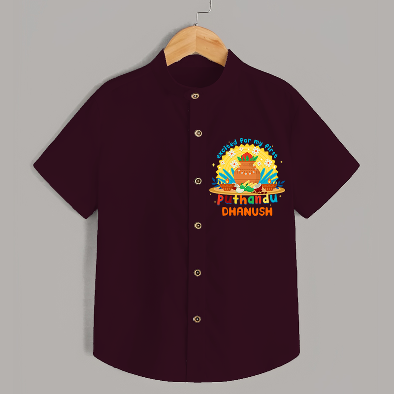 Elevate your wardrobe with "Exited For My 1st Puthandu"  Customised Shirt for Kids - MAROON - 0 - 6 Months Old (Chest 21")