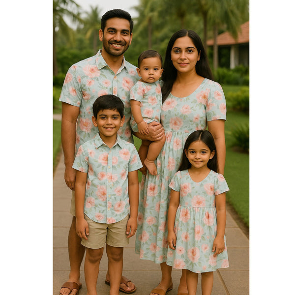 "Pastel Blossom Family Outfit Set – coordinated pastel floral outfits for dad, mom, boy, girl, and baby"