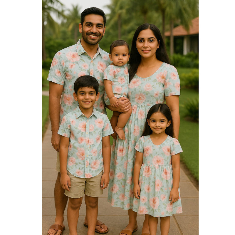 "Pastel Blossom Family Outfit Set – coordinated pastel floral outfits for dad, mom, boy, girl, and baby"