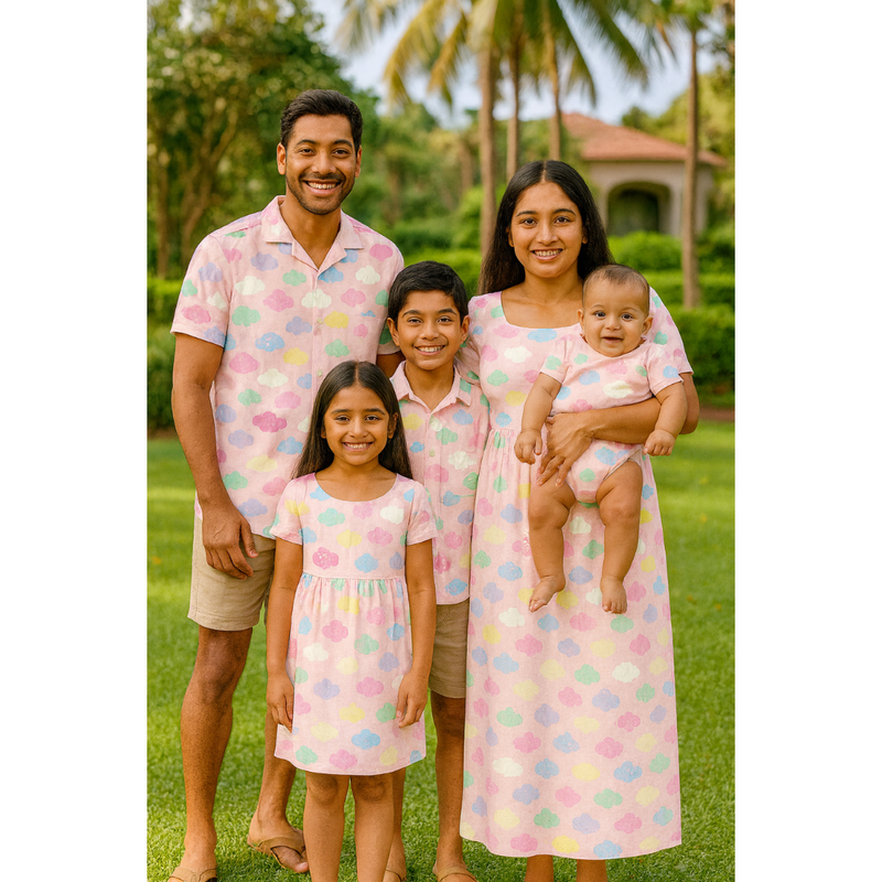 Indian family wearing matching pastel cloud-printed cotton outfits – mom, dad, baby, son, and daughter smiling outdoors in coordinated family wear

