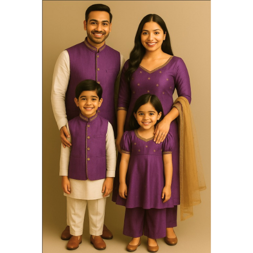 Family wearing coordinated royal purple and cream raw silk ethnic outfits — father, mother, son, and daughter in matching traditional attire.