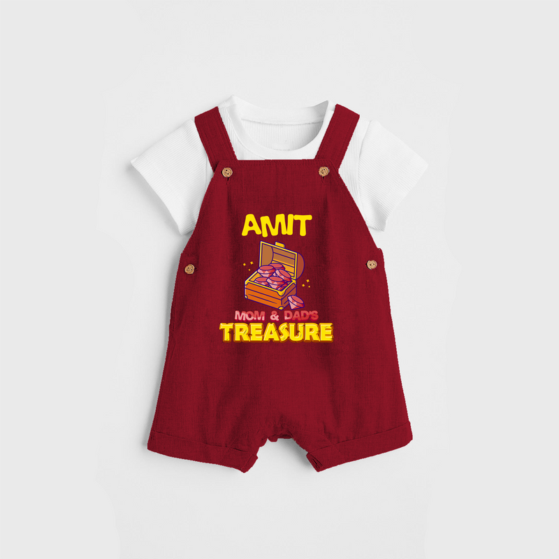 Transform Your Little Mans Look With "Mom & Dad Treasure" Customized Dungaree set - RED - 0 - 5 Months Old (Chest 18")