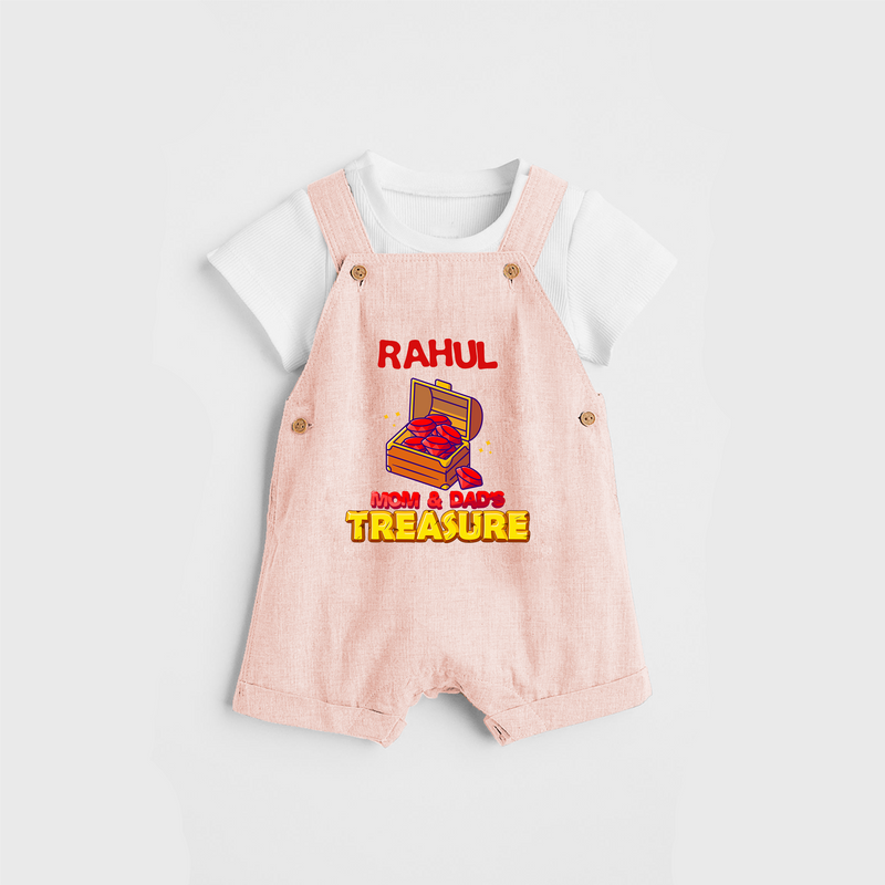 Transform Your Little Mans Look With "Mom & Dad Treasure" Customized Dungaree set - PEACH - 0 - 5 Months Old (Chest 18")