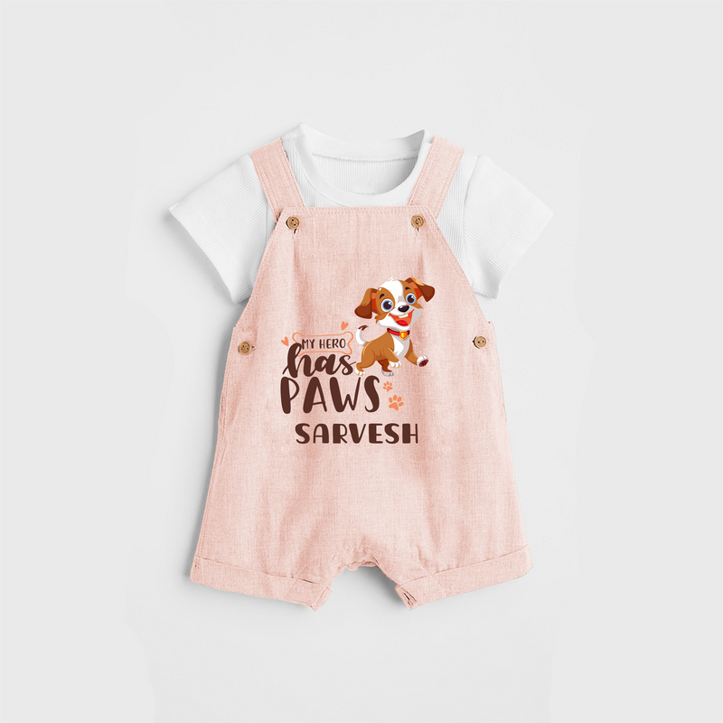 Elevate Your Sons Casual Wardrobe With Our "My Hero Has Paws" Customized Dungaree set - PEACH - 0 - 5 Months Old (Chest 18")