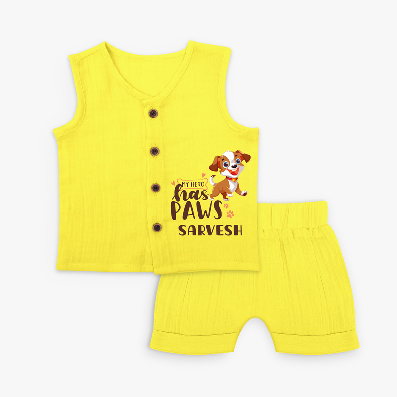 Elevate Your Sons Casual Wardrobe With Our "My Hero Has Paws" Customized Jabla set - YELLOW - 0 - 3 Months Old (Chest 9.8")