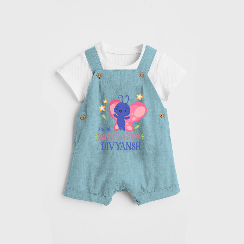 Keep Them Looking Cool And Comfortable With "Social Butterfly" Themed Customized Dungaree set - ARCTIC BLUE - 0 - 5 Months Old (Chest 18")