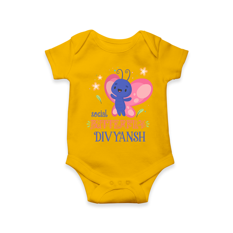 Keep Them Looking Cool And Comfortable With "Social Butterfly" Themed Customized Romper - CHROME YELLOW - 0 - 3 Months Old (Chest 16")