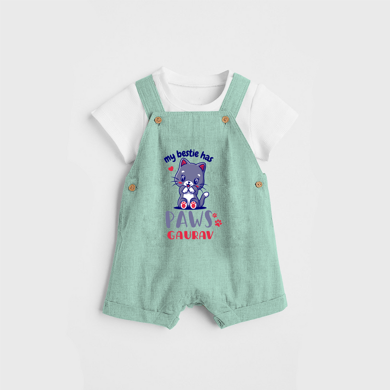 Keep Them Looking Cool And Comfortable With "My Bestie Has Paws" Trendy Customized Dungaree set - MINT GREEN - 0 - 5 Months Old (Chest 18")