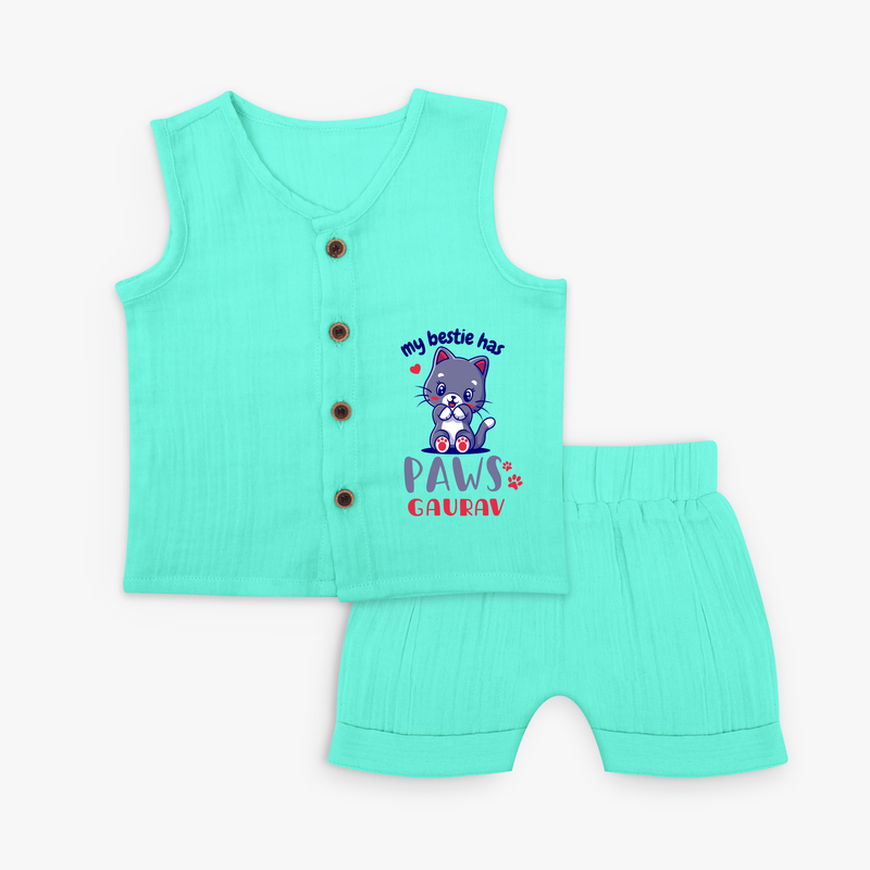 Keep Them Looking Cool And Comfortable With "My Bestie Has Paws" Trendy Customized Jabla set - AQUA GREEN - 0 - 3 Months Old (Chest 9.8")