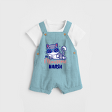 Make Dressing Up Fun And Enjoyable With "Meowsome"  Themed Customized Dungaree set - ARCTIC BLUE - 0 - 5 Months Old (Chest 18")