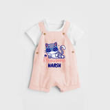 Make Dressing Up Fun And Enjoyable With "Meowsome"  Themed Customized Dungaree set - PEACH - 0 - 5 Months Old (Chest 18")