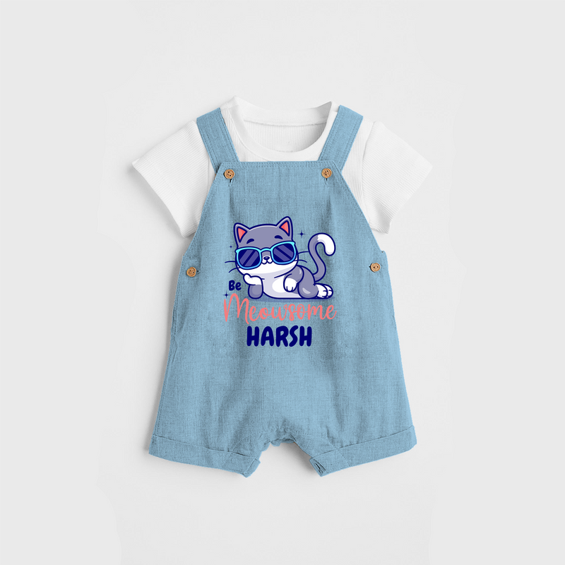 Make Dressing Up Fun And Enjoyable With "Meowsome"  Themed Customized Dungaree set - SKY BLUE - 0 - 5 Months Old (Chest 18")