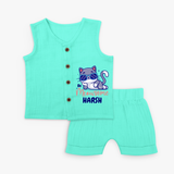 Make Dressing Up Fun And Enjoyable With "Meowsome"  Themed Customized Jabla set - AQUA GREEN - 0 - 3 Months Old (Chest 9.8")