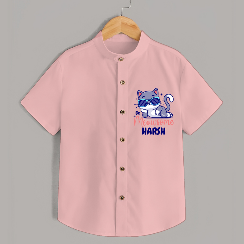 Make Dressing Up Fun And Enjoyable With "Meowsome"  Themed Casual Shirt - PEACH - 0 - 6 Months Old (Chest 21")